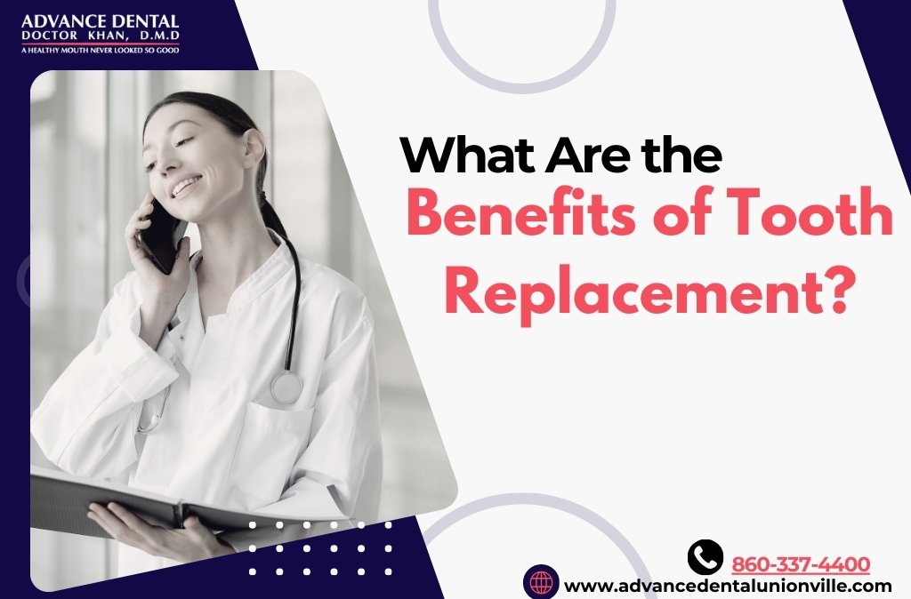 Blog heading image for 'What Are the Benefits of Tooth Replacement' featuring a visual representation of dental health, showcasing before and after images of a smile with missing teeth replaced by dental implants or prosthetics