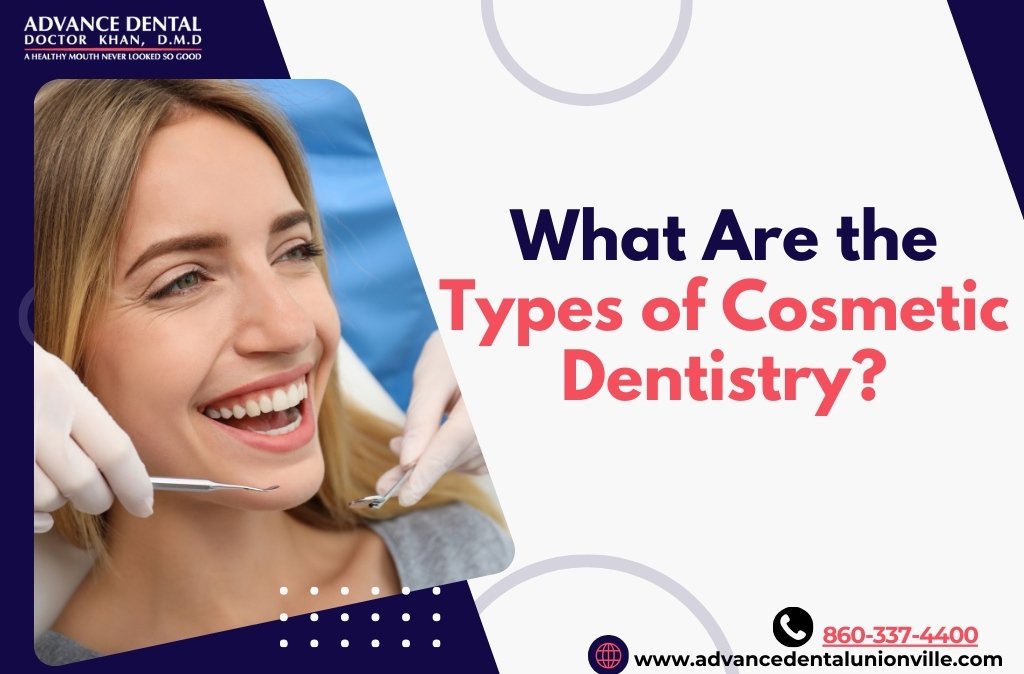 An informative header graphic featuring the title 'What Are the Types of Cosmetic Dentistry' with dental-themed visuals, such as tooth icons and cosmetic dental tools.